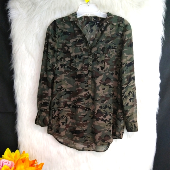 A New Approach Green Camouflage Long Sleeve Front Button Sheer Shirt Size PS - Picture 2 of 10